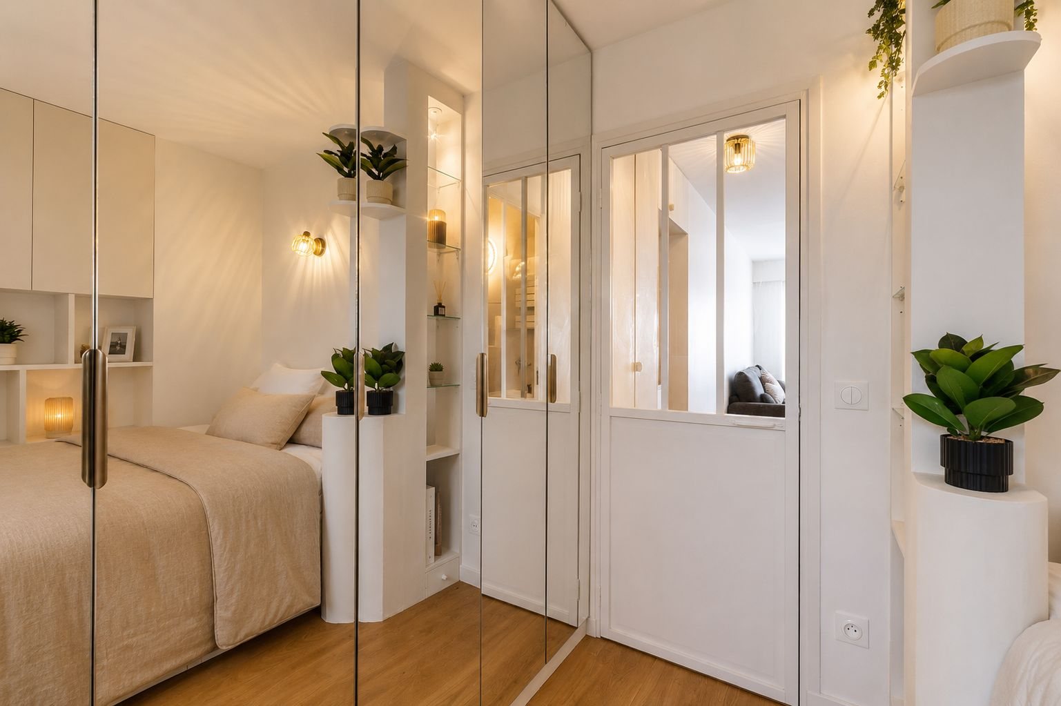 Mirrored wardrobe fronts and glazed partition onto the living room, Paris
