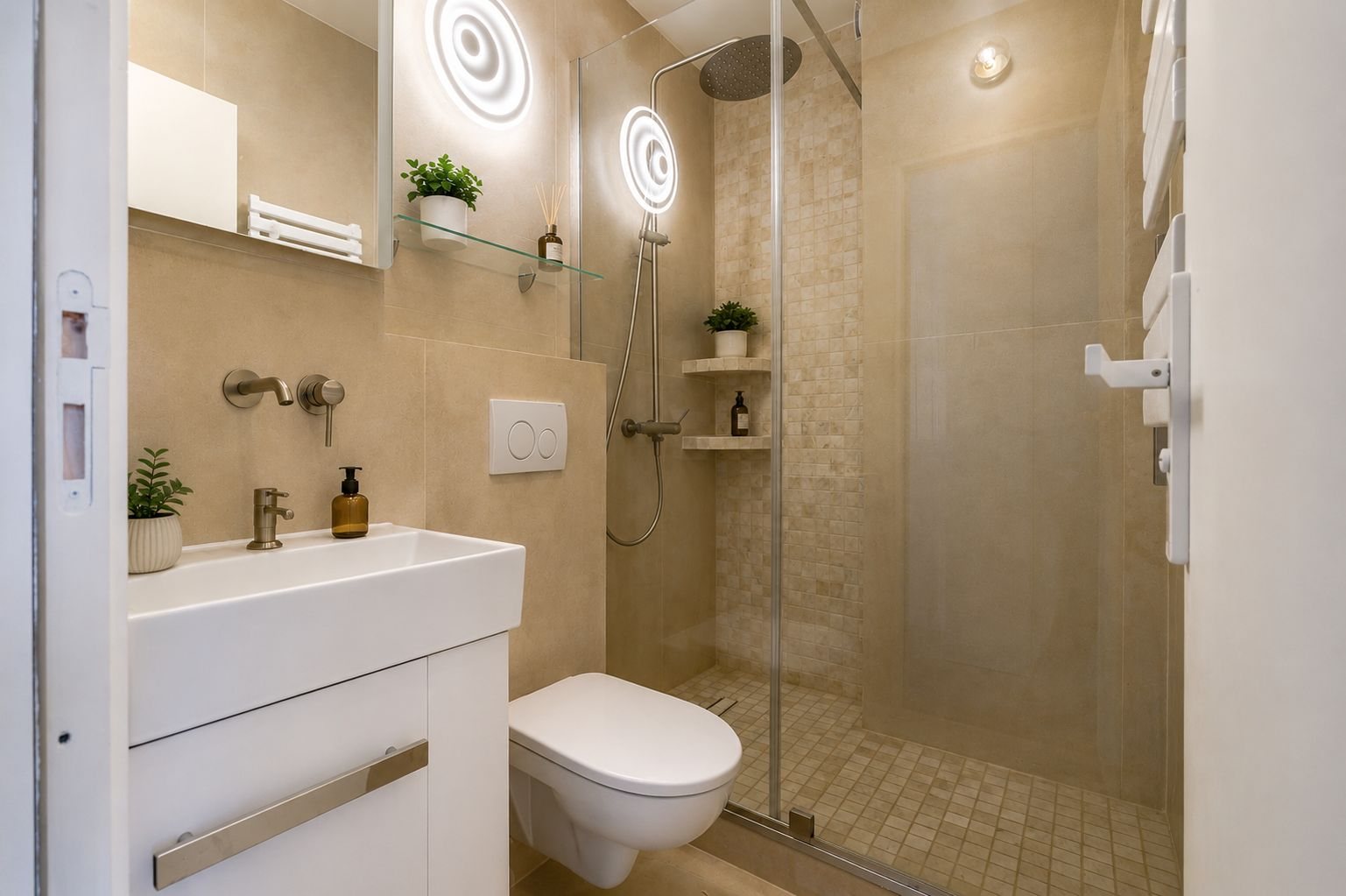 Shower room with walk-in shower and large-format stone-effect tiling, Paris