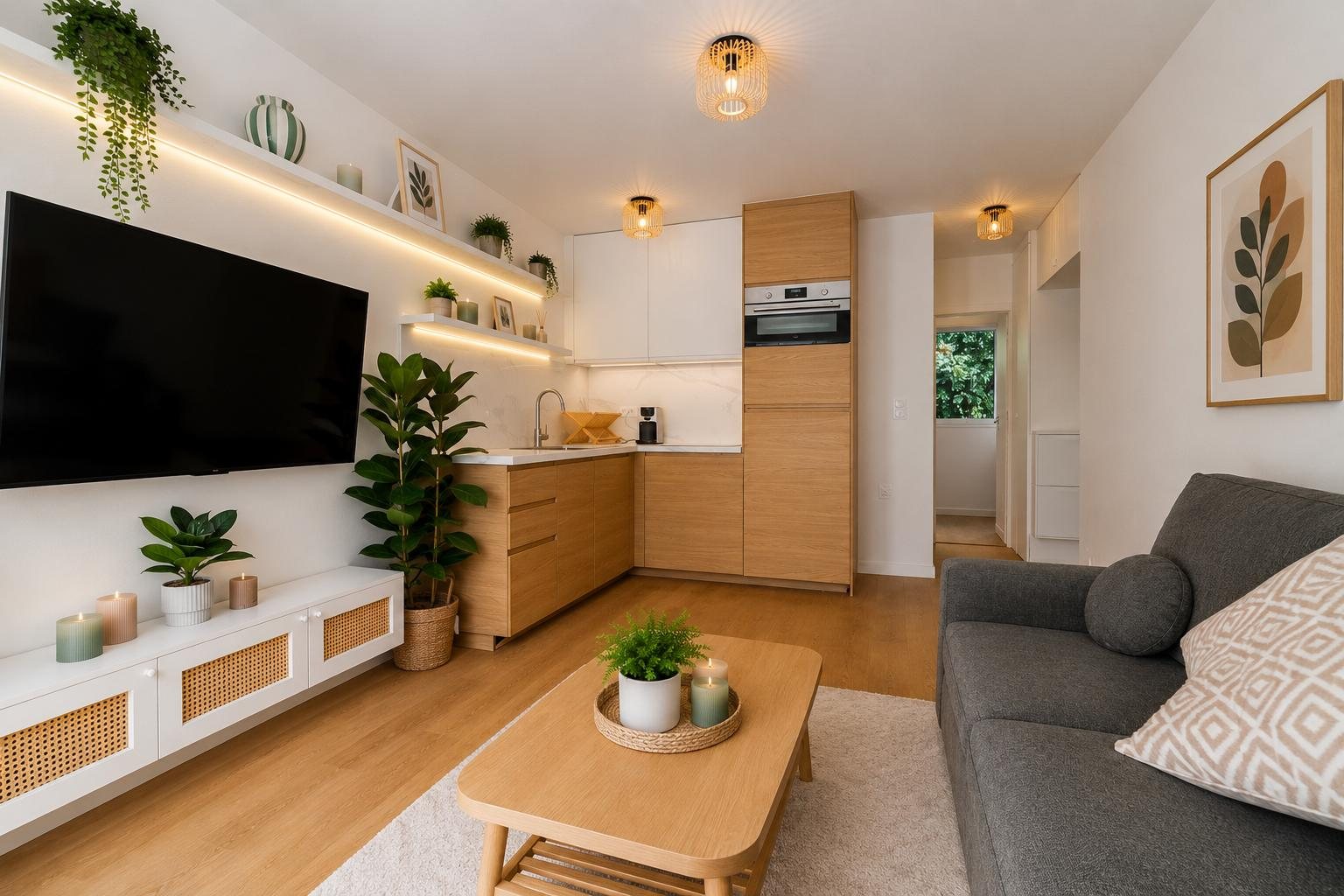 Renovated living room with bespoke oak kitchen, rue Marmontel, Paris - RIVEX