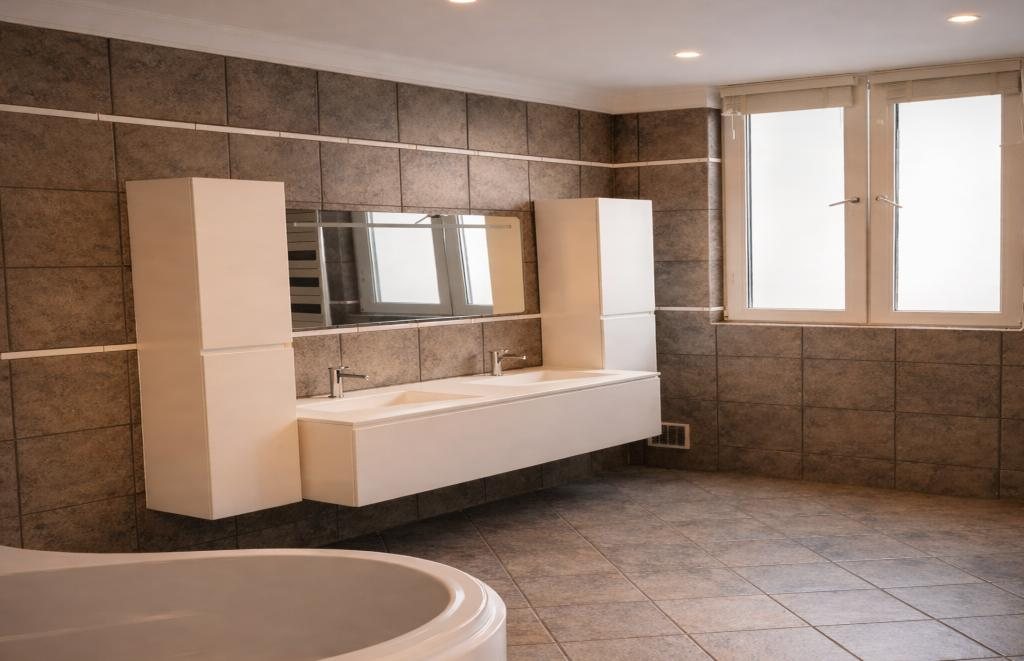 Salle de bains contemporaine, double vasque suspendue et carrelage grand format, Paris 16e